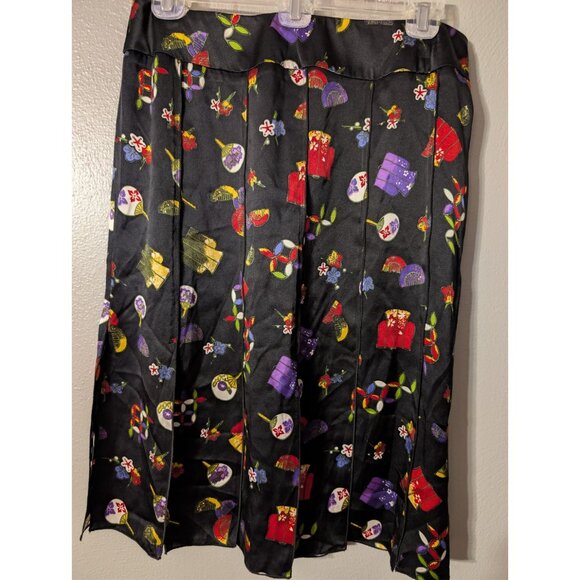 Vintage 90s DRAMA Silk Panel Skirt NWT 8 Black Kimono Fan Print Deadstock - Picture 2 of 9